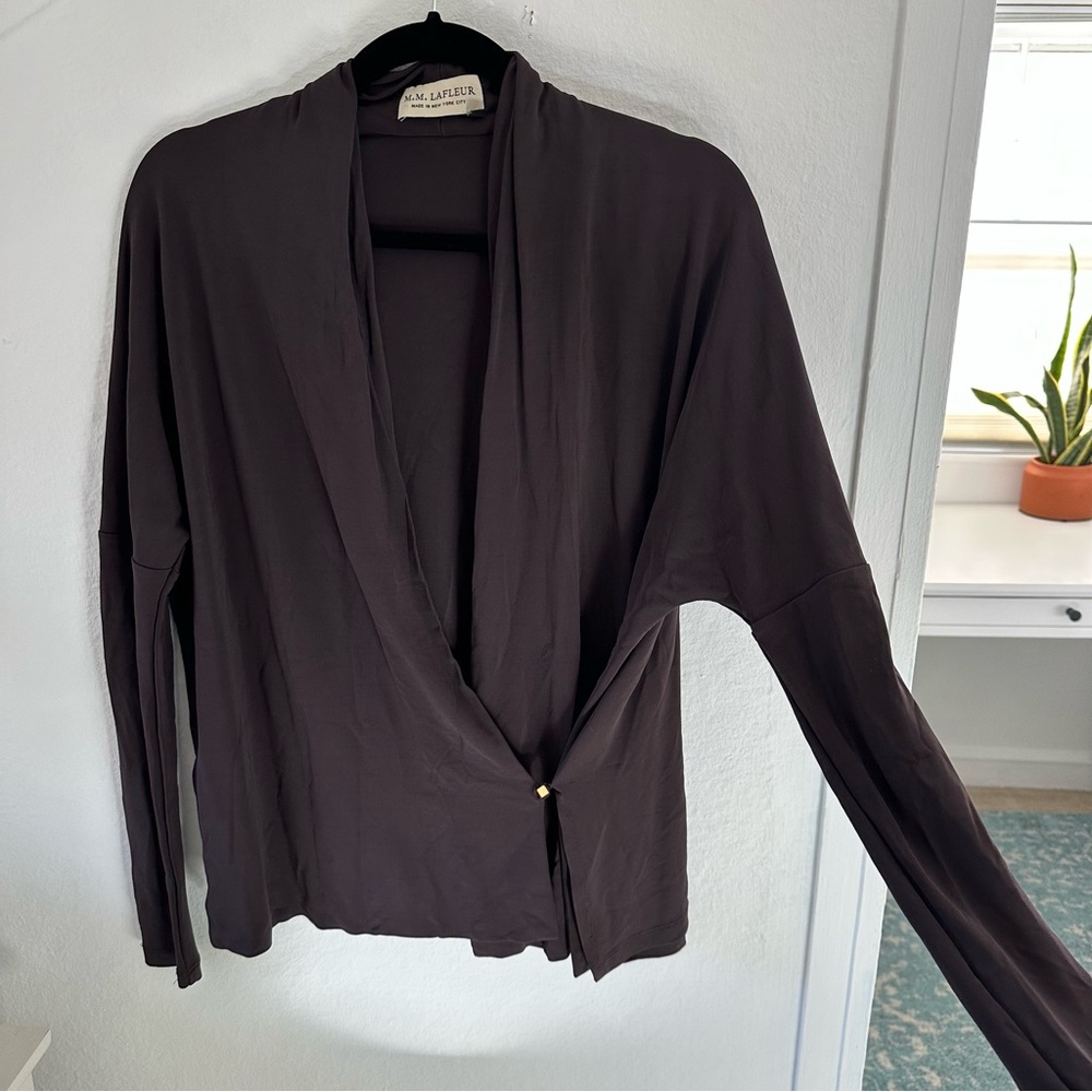 M.M. LaFleur Drape Wrap Cardigan Top in Eggplant/Brown